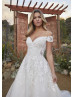 Off Shoulder Ivory Sequined Lace Tulle Illusion Back Wedding Dress